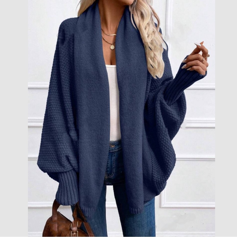 Cozy navy blue lantern sleeve shawl collar cardigan